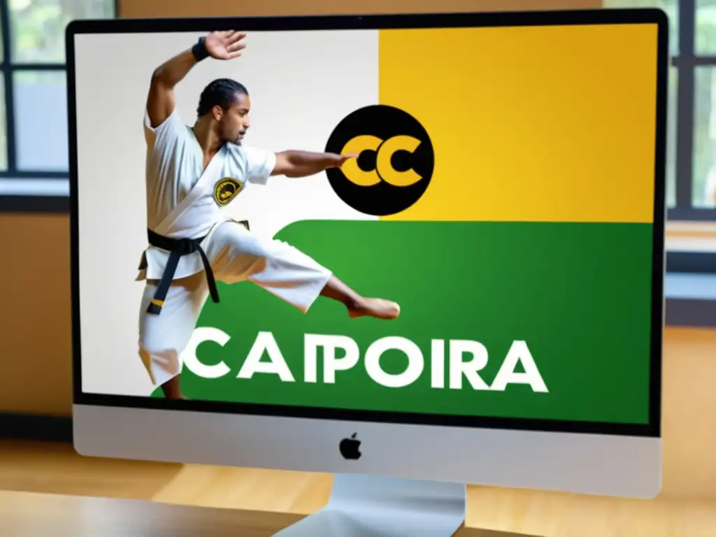 Un instructor de capoeira enseña un movimiento complejo a estudiantes en una clase virtual