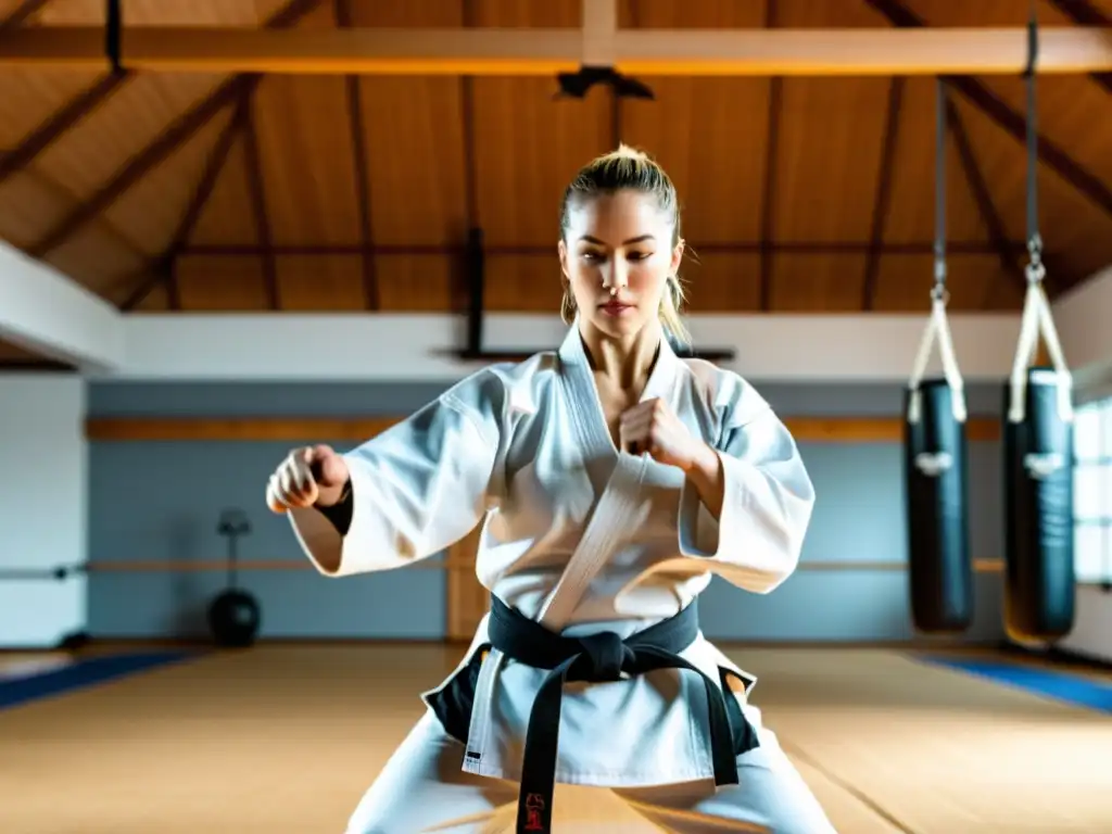 Un instructor con cinturón negro demostrando movimientos precisos de artes marciales en un estudio espacioso y bien iluminado