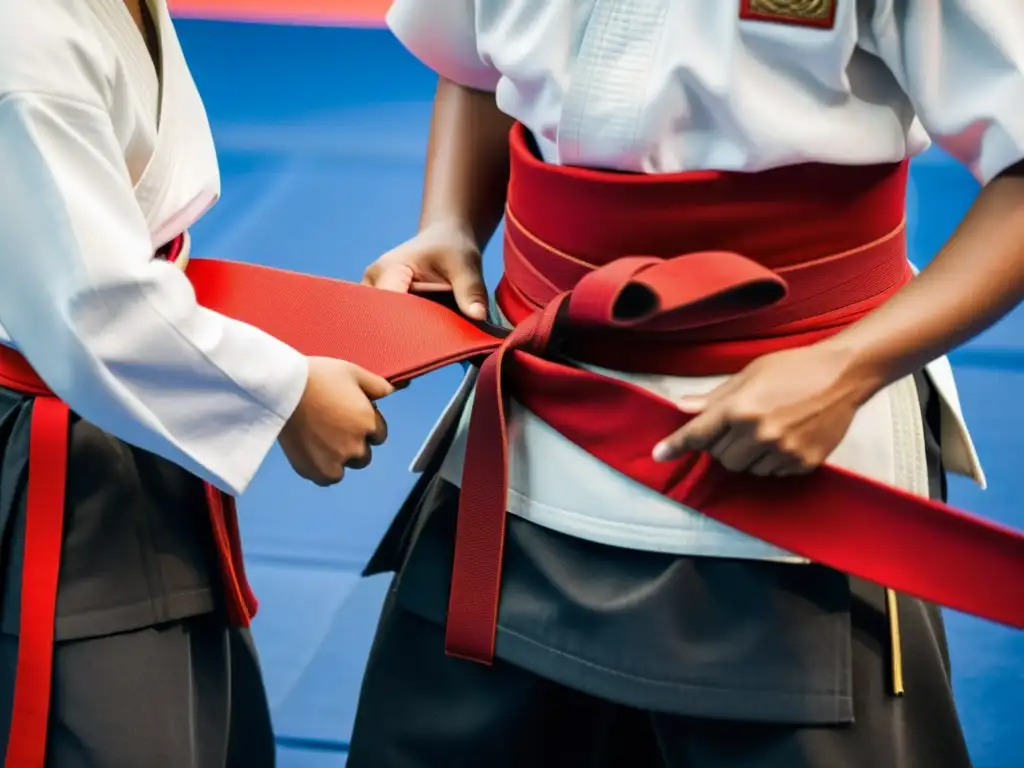 El instructor ata un cinturón rojo al estudiante, simbolizando disciplina y respeto en las artes marciales