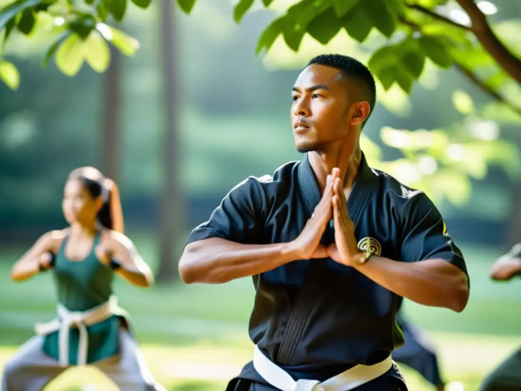 Un instructor lidera una clase de entrenamiento marcial sostenible online en un entorno sereno y natural, con estudiantes diversos y comprometidos