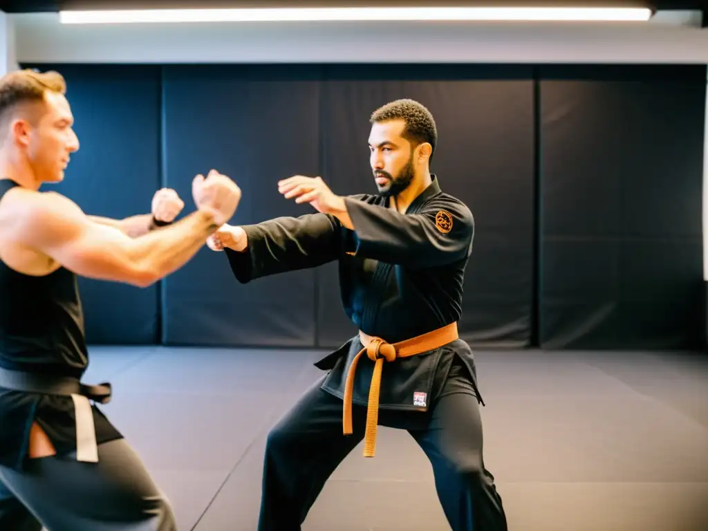 Un instructor de Krav Magá lidera una clase en un estudio lleno de energía y determinación