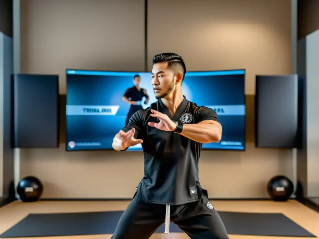 Un instructor lidera una clase virtual de artes marciales, mostrando una patada precisa y poderosa