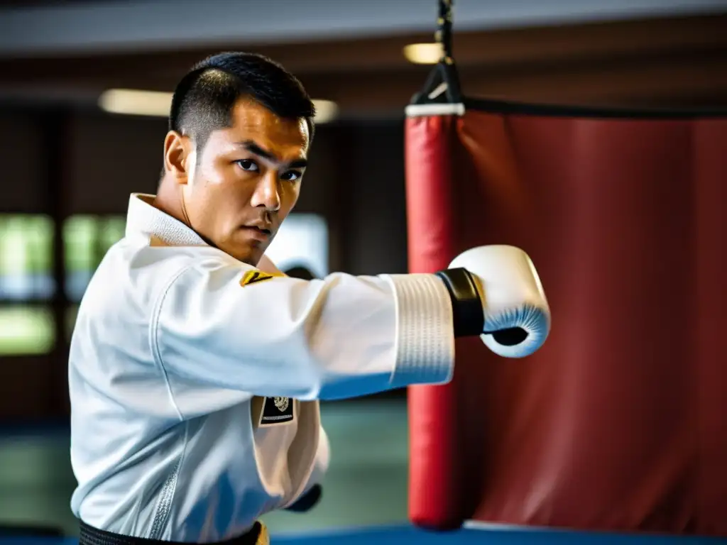 Un instructor de karate concentrado y determinado, demostrando una potente técnica de autodefensa