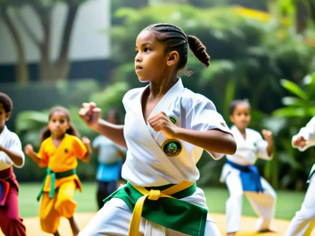 Un instructor lidera una demostración de capoeira para niños, con movimientos dinámicos y ropa colorida