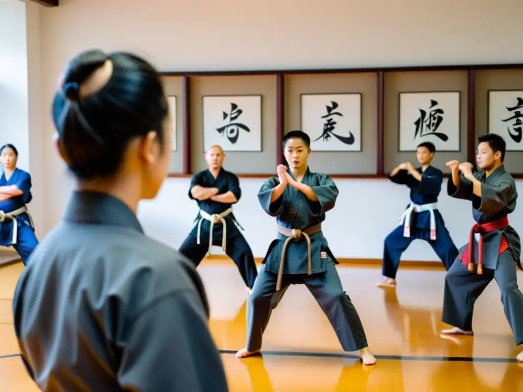 Un instructor enseña una técnica de artes marciales a sus estudiantes en un dojo espacioso y bien iluminado, rodeado de historia y camaradería