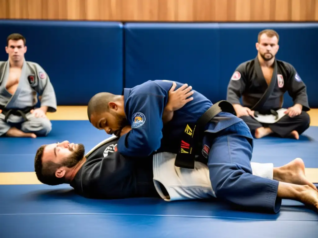 Un instructor de BJJ enseña técnicas de suelo a estudiantes concentrados en un ambiente disciplinado y determinado