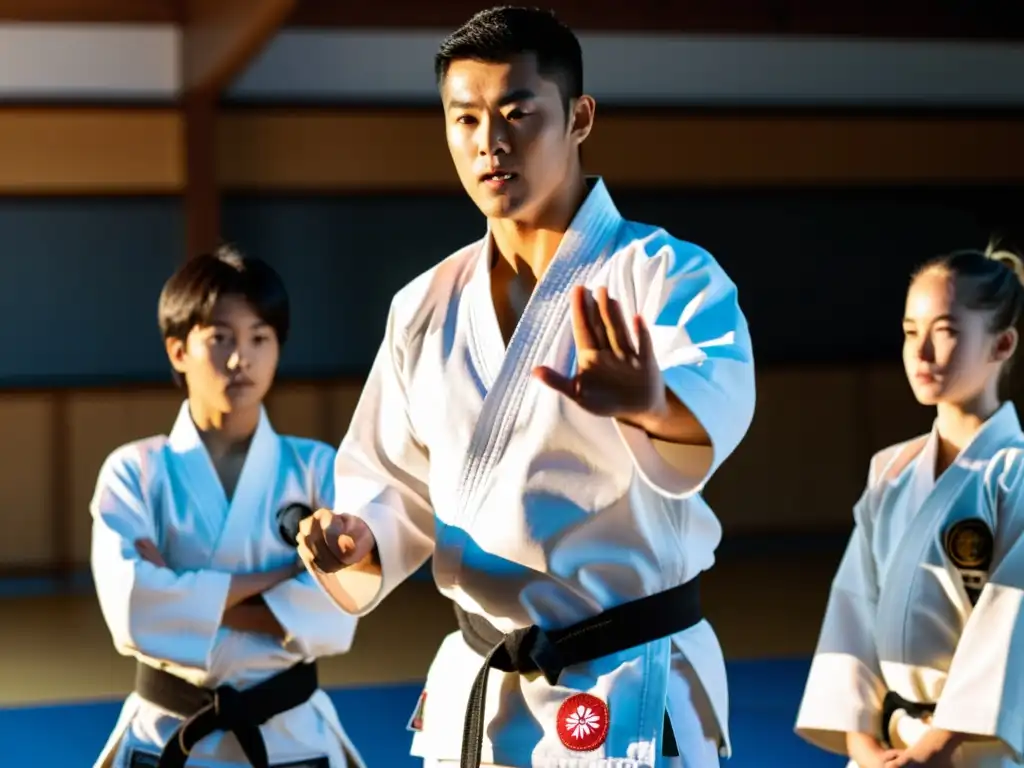 Un instructor de karate enseña a un estudiante en un dojo, reflejando los beneficios del entrenamiento personalizado en karate