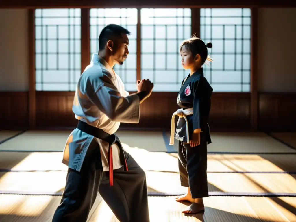 Un instructor guía a su estudiante en un dojo tradicional, transmitiendo disciplina y determinación