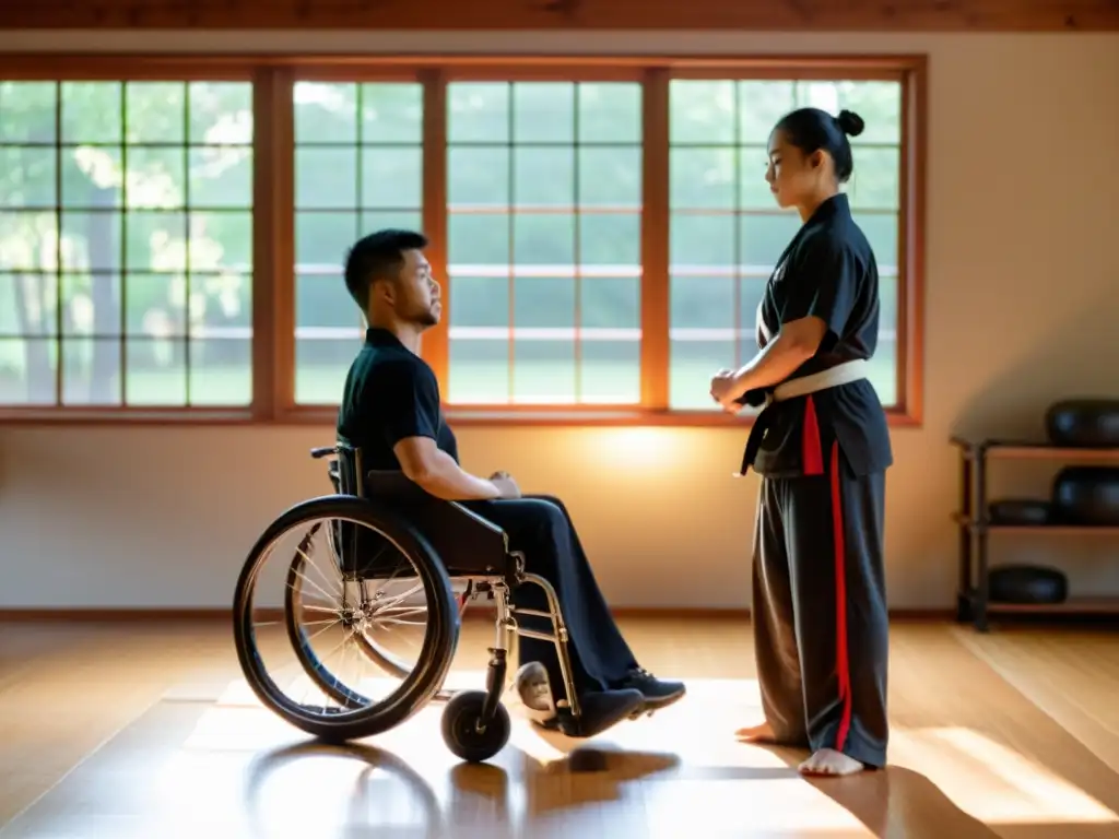 Un instructor de kung fu guía suavemente a un estudiante en silla de ruedas, capturando los beneficios del kung fu terapéutico en la rehabilitación