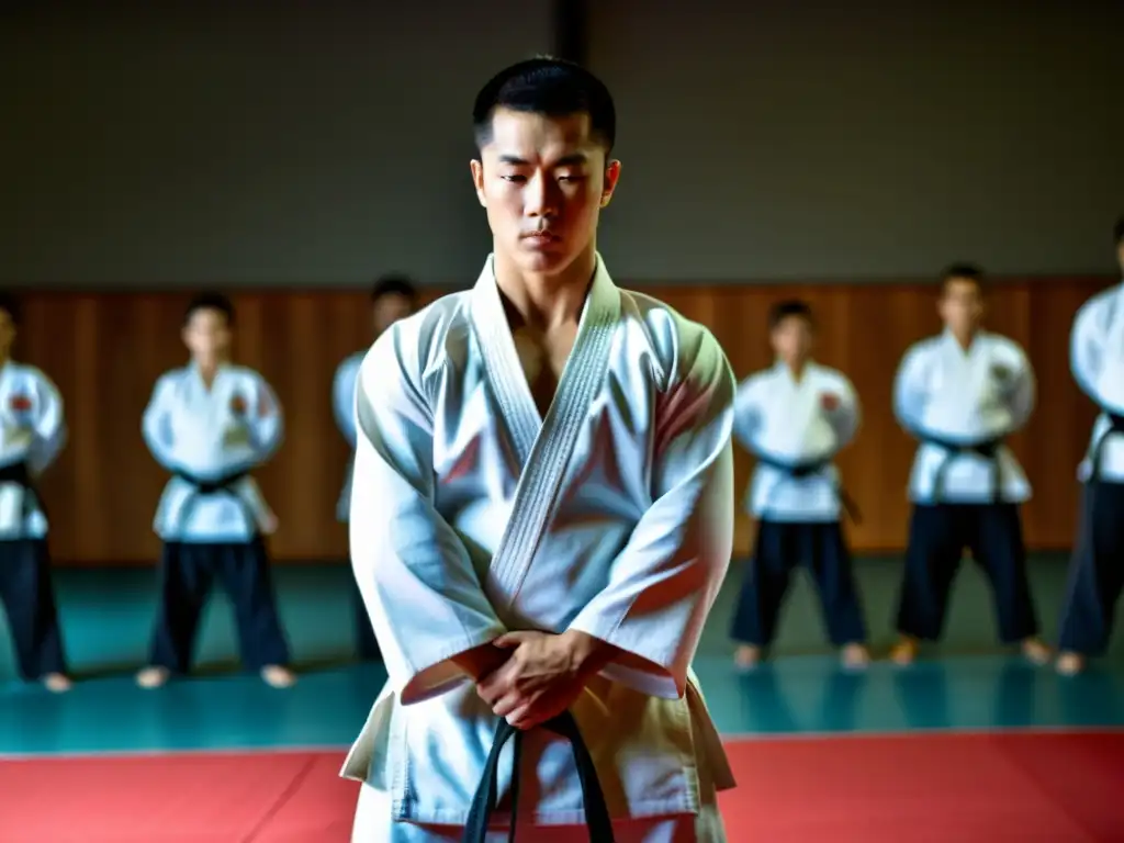 Un instructor de karate se inclina respetuosamente ante sus estudiantes en un dojo, generando una atmósfera de concentración antes de la práctica