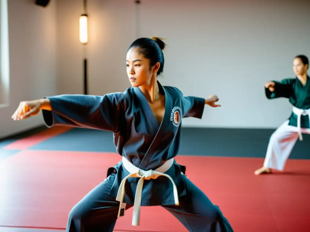 Un instructor de karate guía a sus estudiantes en ejercicios de calentamiento para prevenir lesiones, mostrando determinación y disciplina