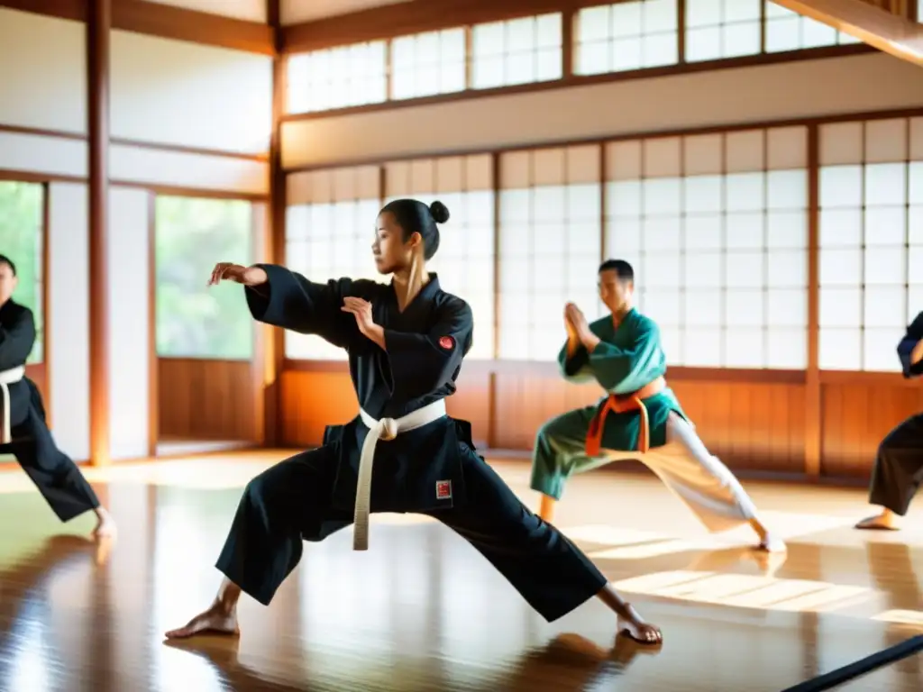 El instructor guía a los estudiantes en movimientos fluidos en un dojo tradicional, bañado en luz natural