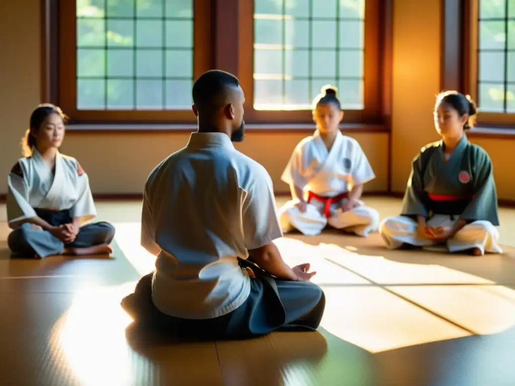 Un instructor y estudiantes en meditación de mindfulness en la tarde soleada del dojo