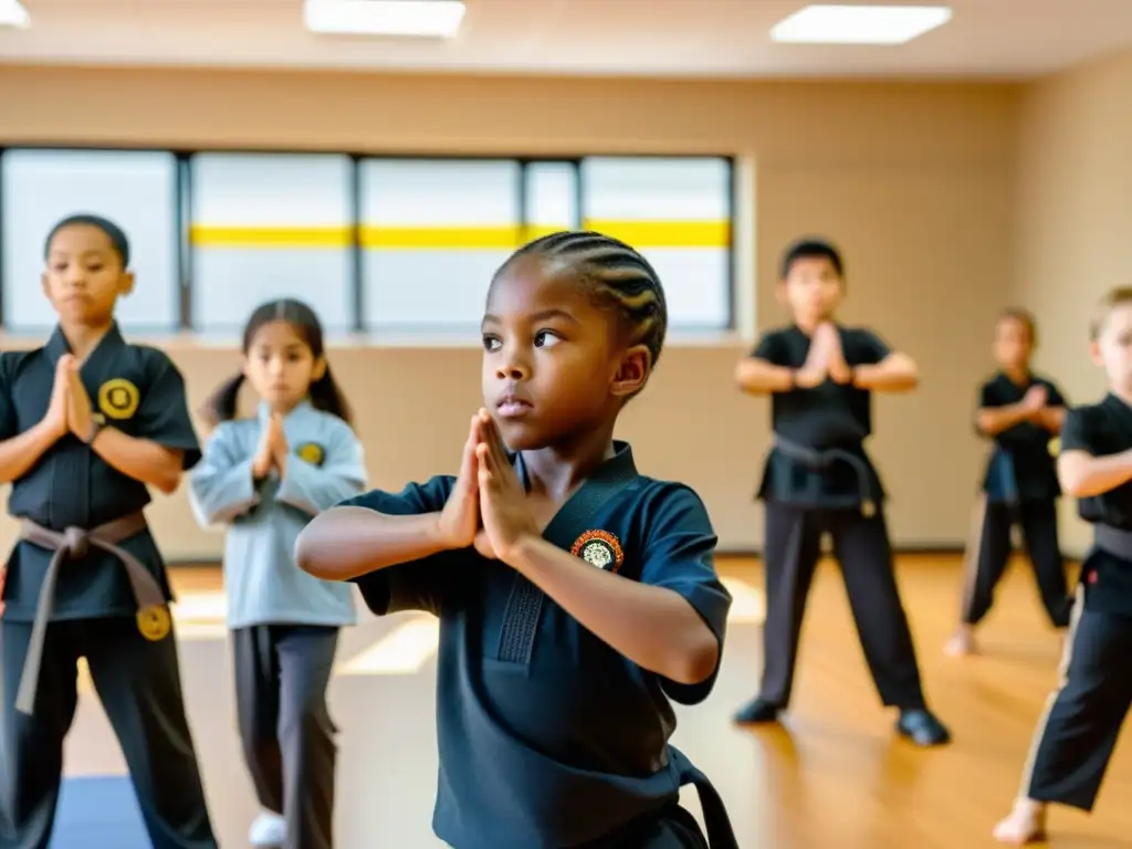 Un instructor guía a niños en un estudio luminoso, practicando artes marciales