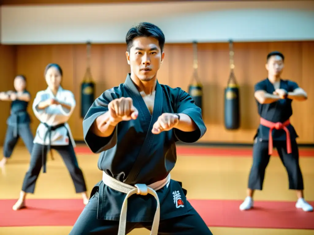 Un instructor experimentado de artes marciales guía a los estudiantes en ejercicios rehabilitadores en un dojo tradicional