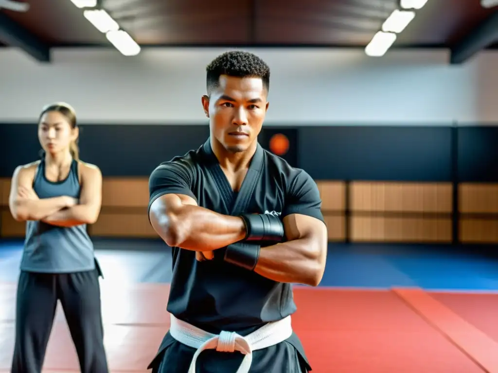 Un instructor experimentado de artes marciales usa un moderno dispositivo wearable en un dojo tradicional, mientras supervisa a los estudiantes