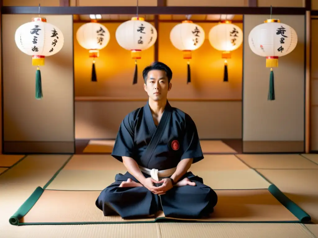 Un instructor experimentado de artes marciales en un dojo sereno, con alumnos de todas las edades y fondo, rodeado de armas japonesas y caligrafía