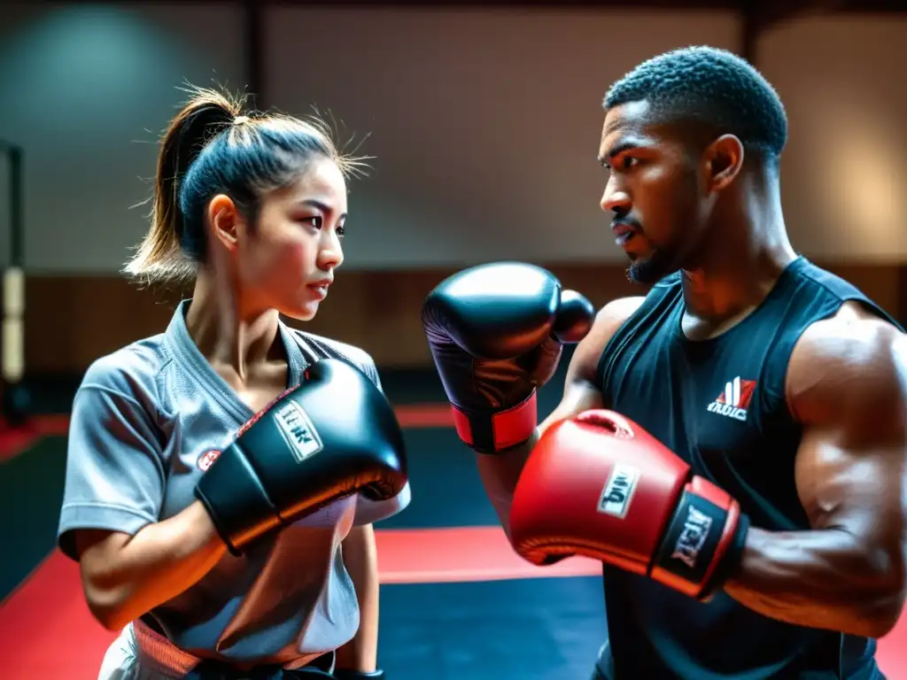 Un instructor experimentado de artes marciales sostiene los mejores focos y paos de entrenamiento mientras un estudiante practica golpes precisos y potentes en un gimnasio tenue