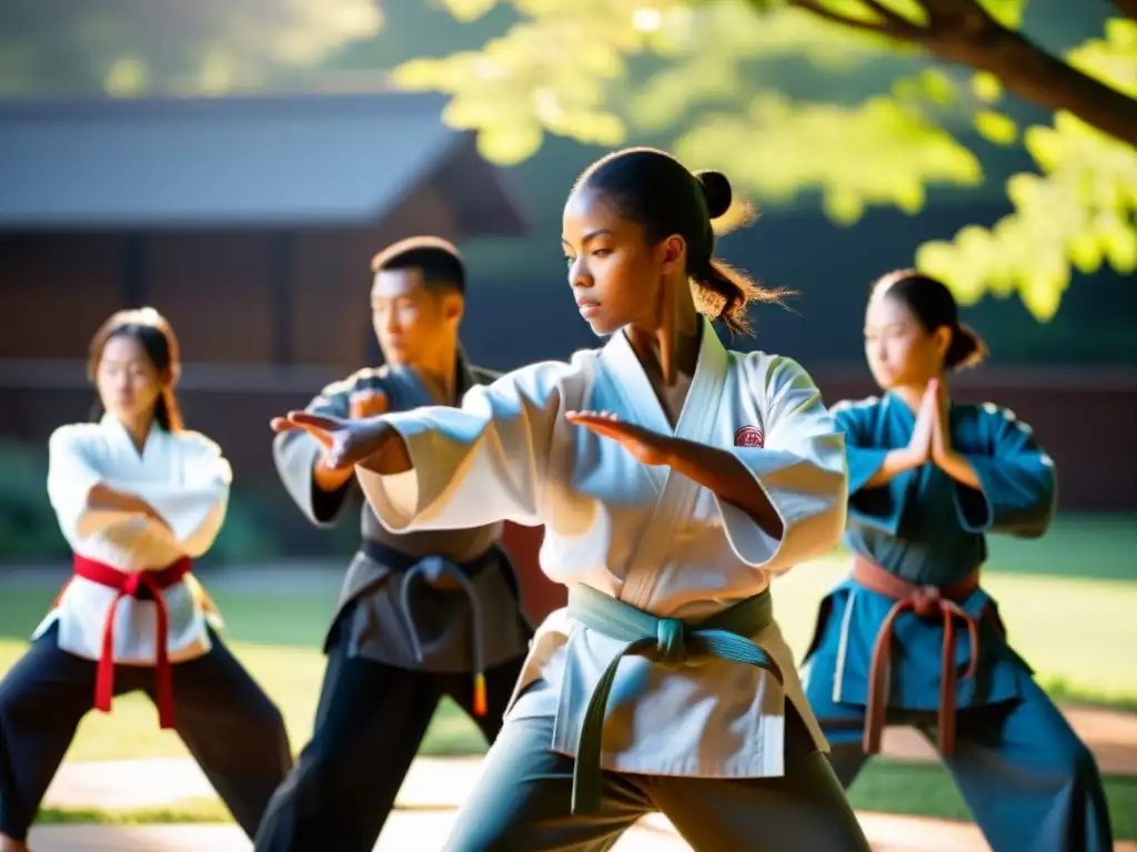 Un instructor experimentado de artes marciales lidera una clase al aire libre, mostrando técnicas de defensa personal con precisión y determinación