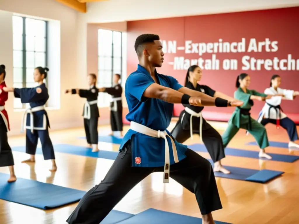 Un instructor experimentado de artes marciales guía a sus estudiantes en estiramientos y calentamiento en un estudio espacioso y soleado