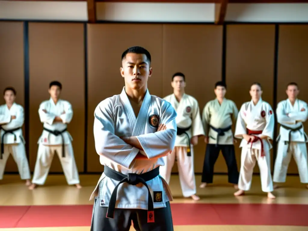 Un instructor experimentado de artes marciales dirige a un grupo disciplinado de estudiantes en un amplio y luminoso dojo