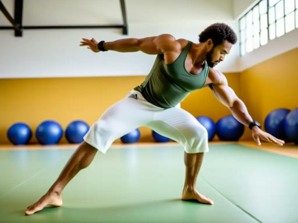 Un instructor experimentado de Capoeira muestra ejercicios dinámicos a estudiantes en un estudio espacioso