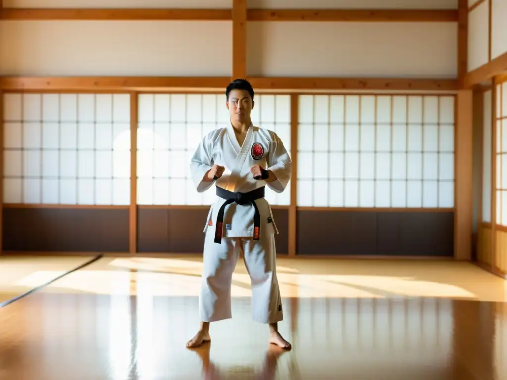 Un instructor experimentado de karate en un dojo espacioso y bien equipado, rodeado de armas tradicionales japonesas