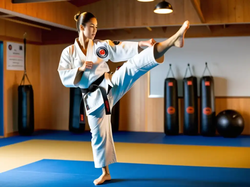 Un instructor experimentado de karate dirige un entrenamiento funcional en un dojo espacioso y bien iluminado, demostrando técnica y determinación