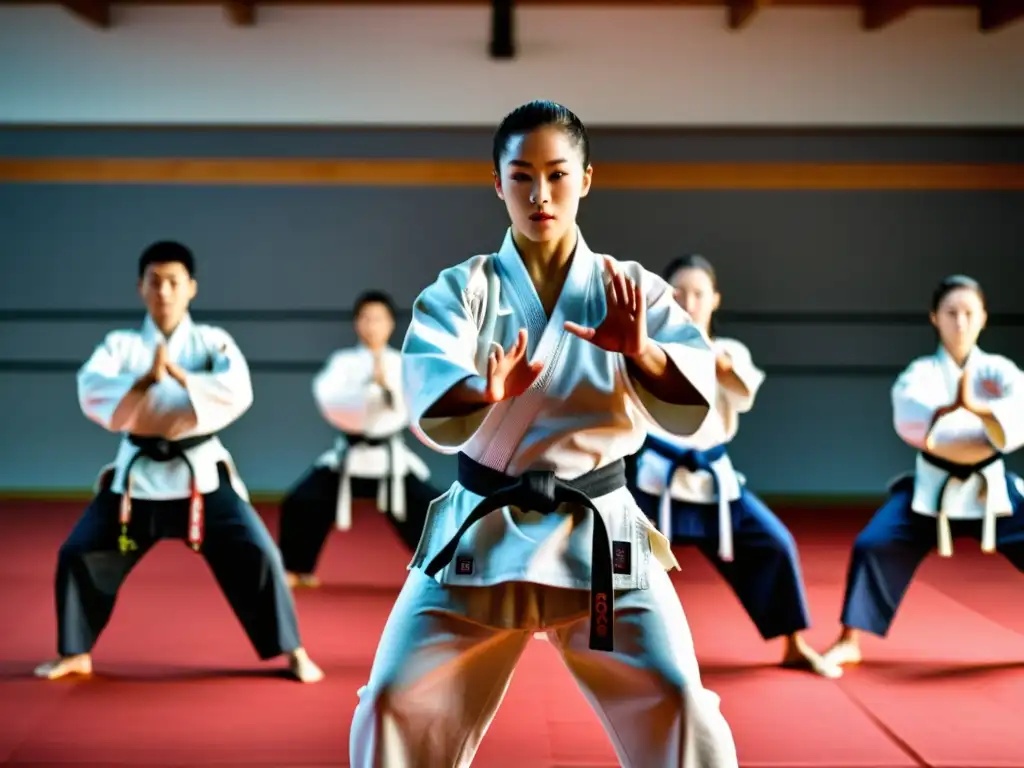 Un instructor experimentado guía a sus estudiantes en movimientos sincronizados en un dojo espacioso