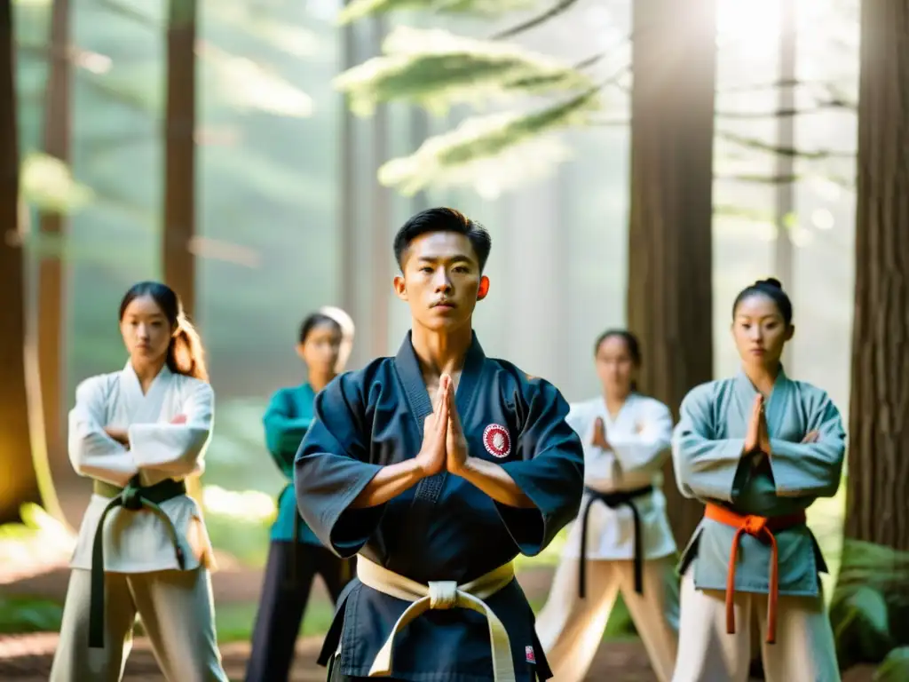 Un instructor experimentado guía a estudiantes en un sereno bosque, practicando artes marciales y mindfulness