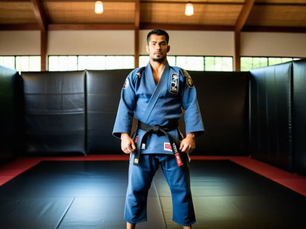 Un instructor experimentado de JiuJitsu Brasileño en un dojo tradicional, demostrando técnicas avanzadas