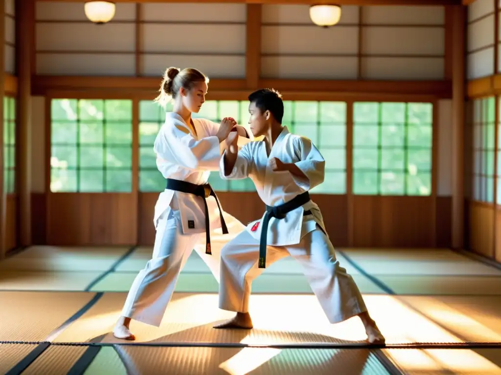 Un instructor experimentado lidera una sesión de entrenamiento personalizado de karate en un dojo tradicional