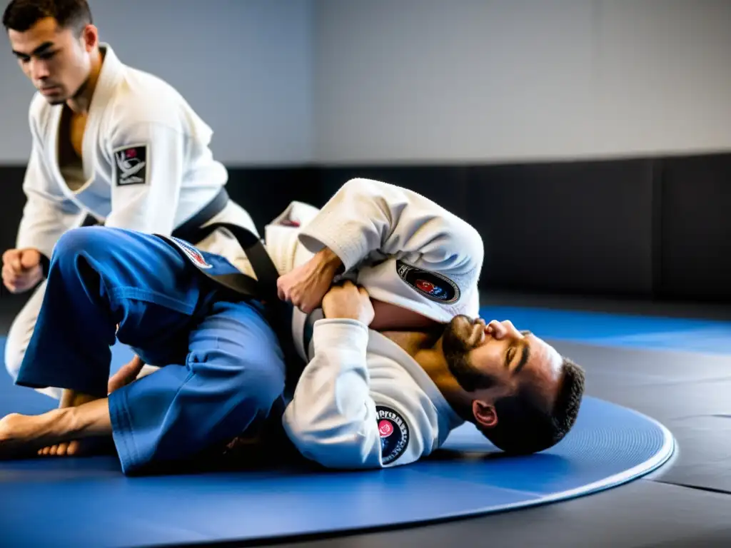 Un instructor de Jiu Jitsu experto demostrando una técnica compleja en un ambiente de aprendizaje cálido y enfocado