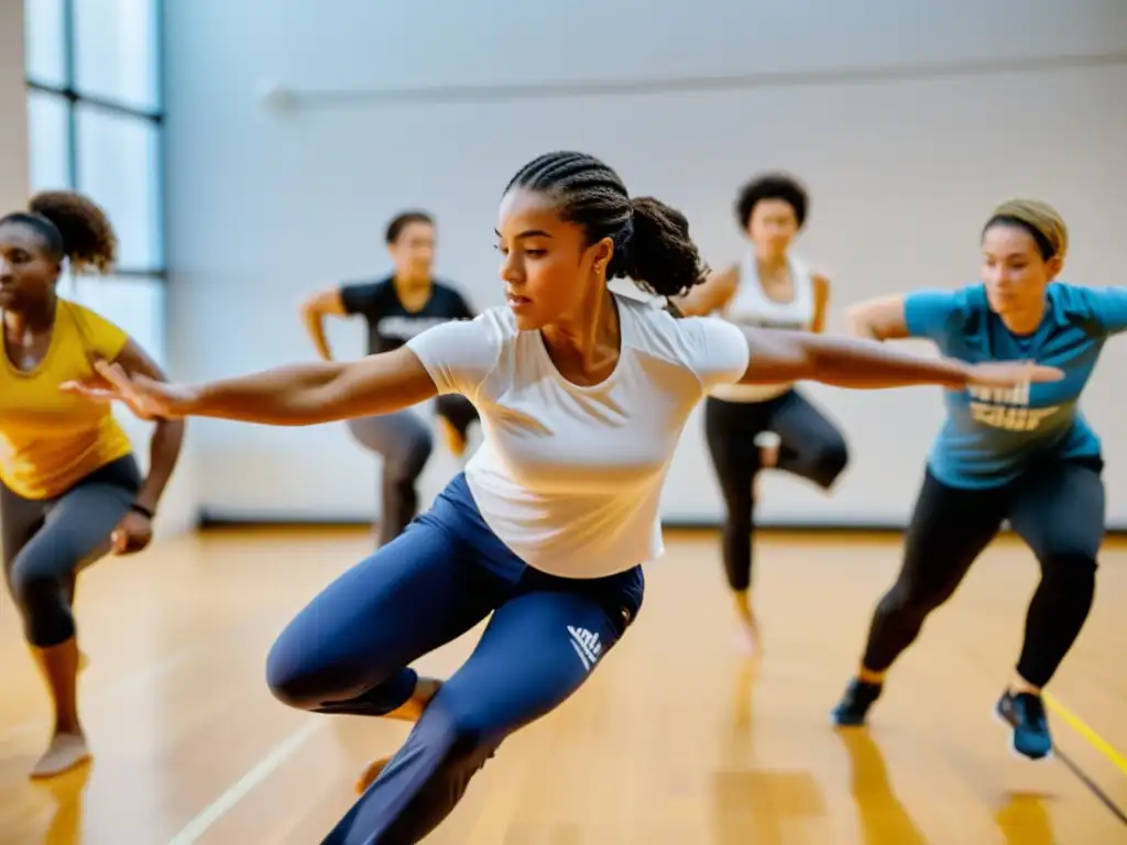 Un instructor lidera un grupo de estudiantes de capoeira en línea, mostrando gracia, energía y concentración