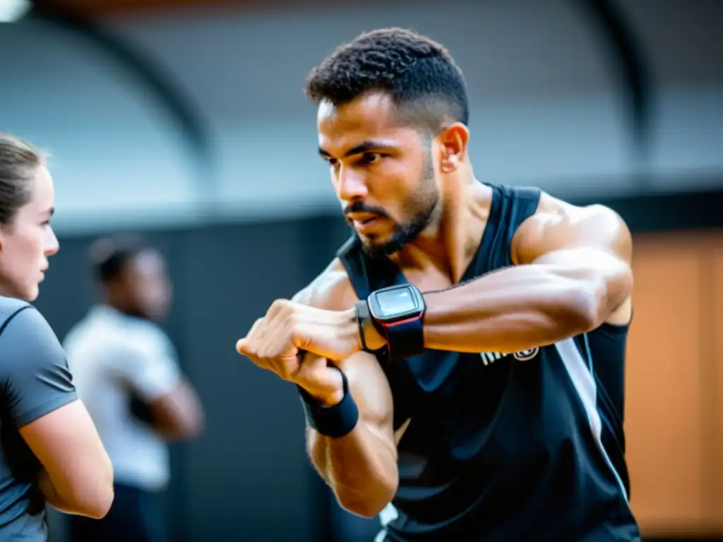 Un instructor de Krav Magá con wearables lidera una intensa sesión de entrenamiento de defensa personal