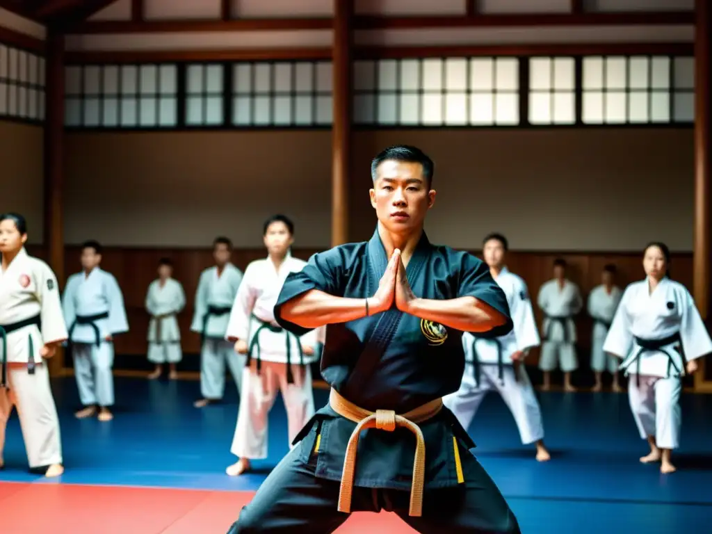 Entrenamiento intenso en dojo: disciplina y determinación Un instructor lidera una intensa sesión de entrenamiento en un dojo tradicional, demostrando la periodización del entrenamiento artes marciales