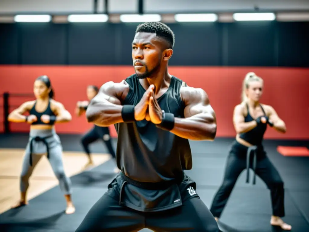 Un instructor lidera intensos ejercicios de acondicionamiento físico para artes marciales, mostrando técnica