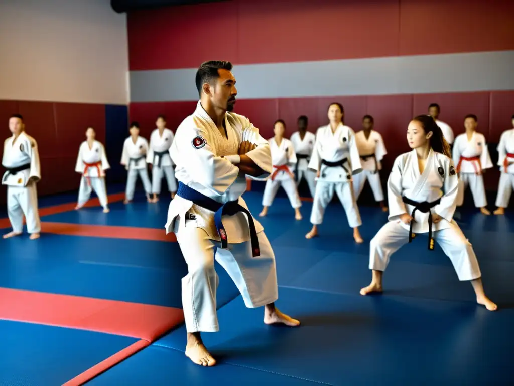 Un instructor de judo guía a sus estudiantes en un intenso entrenamiento de acondicionamiento físico para artes marciales