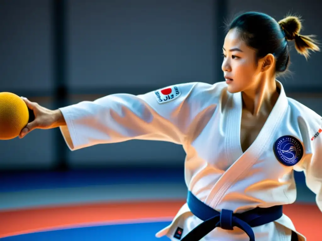 Un instructor de judo demuestra una técnica perfecta, usando tecnología wearable para perfeccionar judo en un dojo tradicional