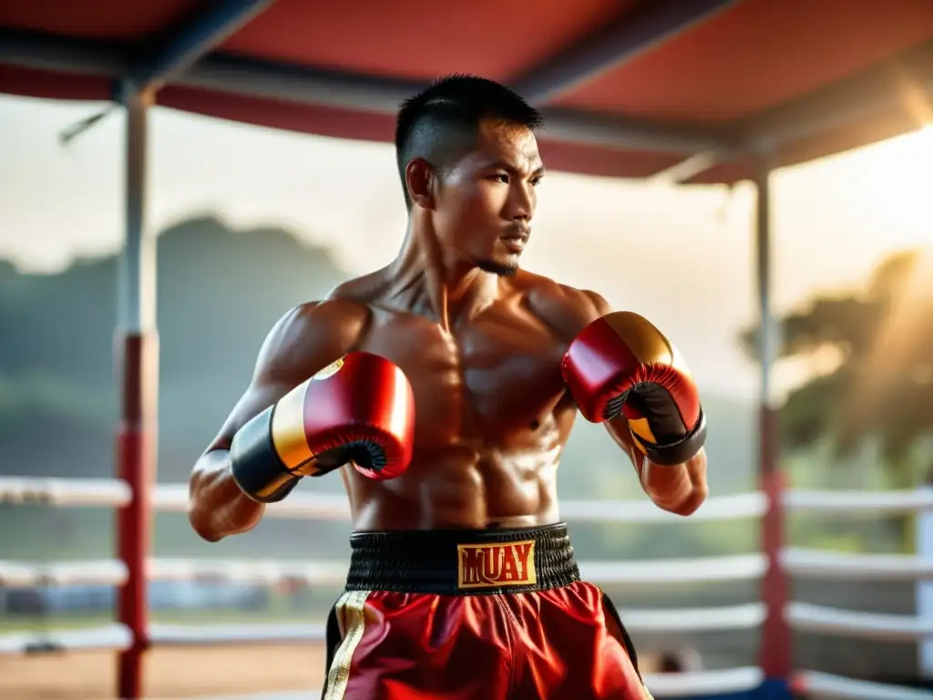 Un instructor de Muay Thai en un campo de entrenamiento tailandés al atardecer