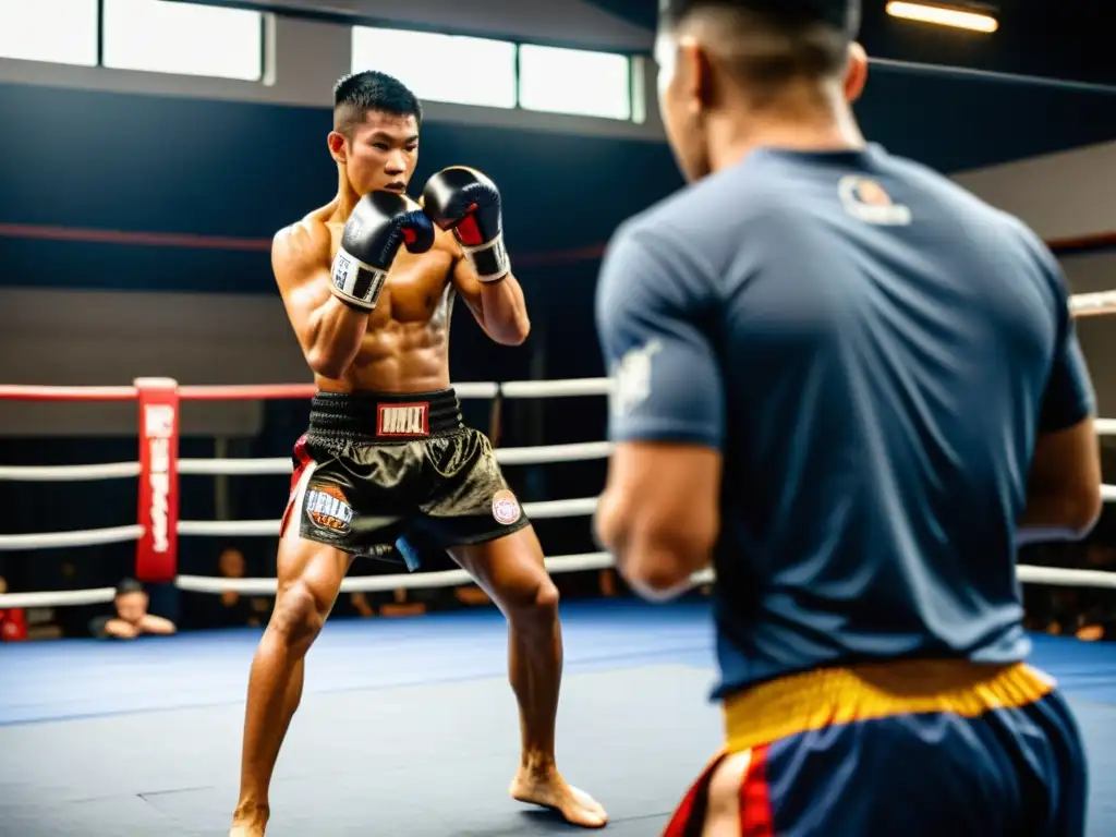 Un instructor de Muay Thai corrige desplazamientos en Muay Thai mientras los estudiantes practican en un ambiente de concentración y determinación