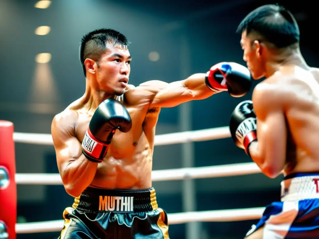 Un instructor de Muay Thai muestra técnicas básicas con intensidad, en un gimnasio dinámico