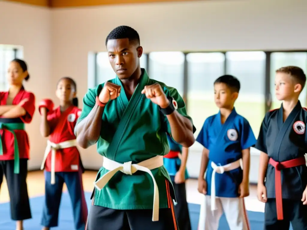 Un instructor lidera a niños en técnicas de artes marciales en un estudio soleado, transmitiendo disciplina y energía positiva