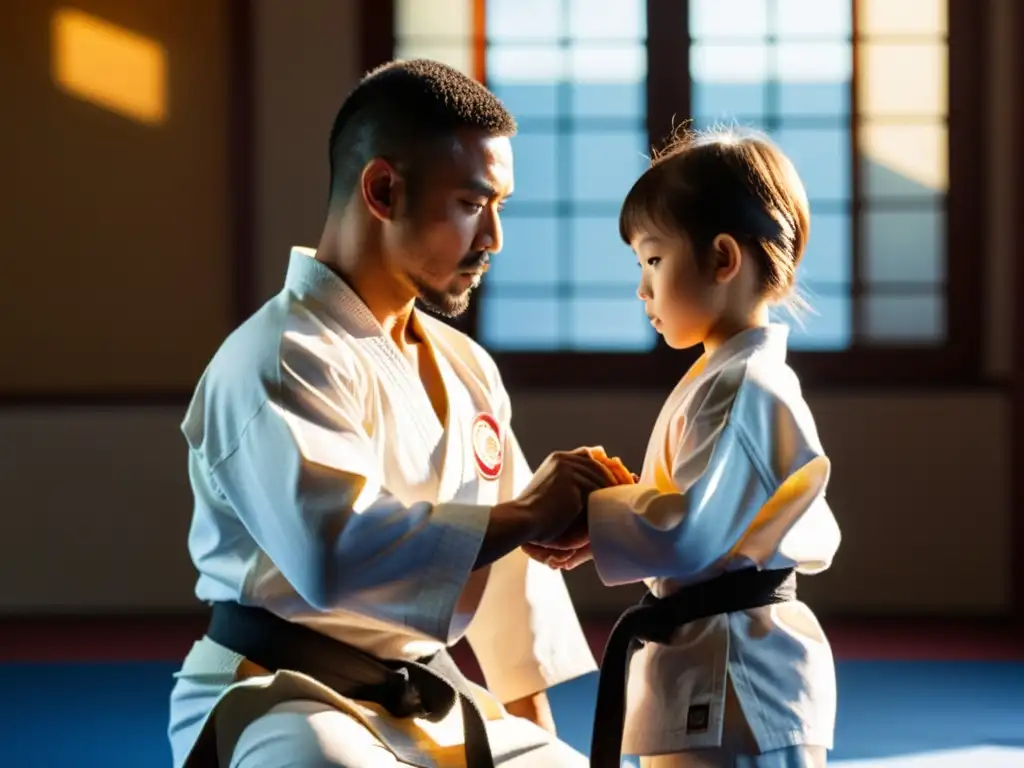 Un instructor de karate ajusta la postura de su alumno en un cálido dojo