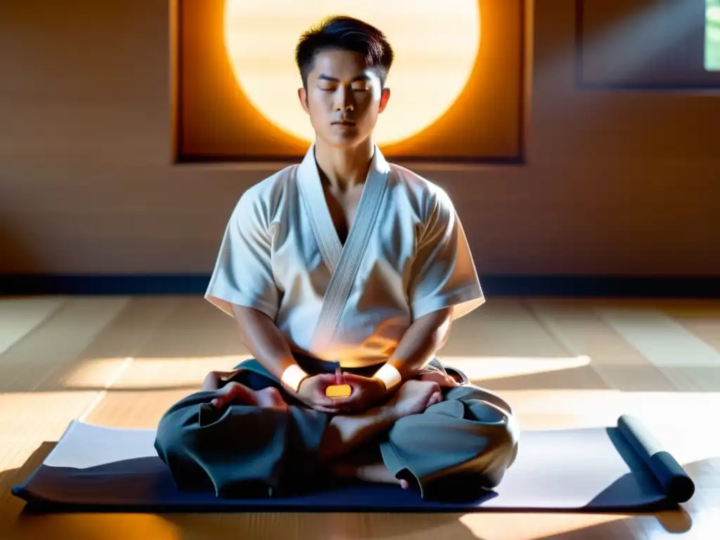 Un instructor sereno guía la meditación en un dojo soleado, con estudiantes en armonía