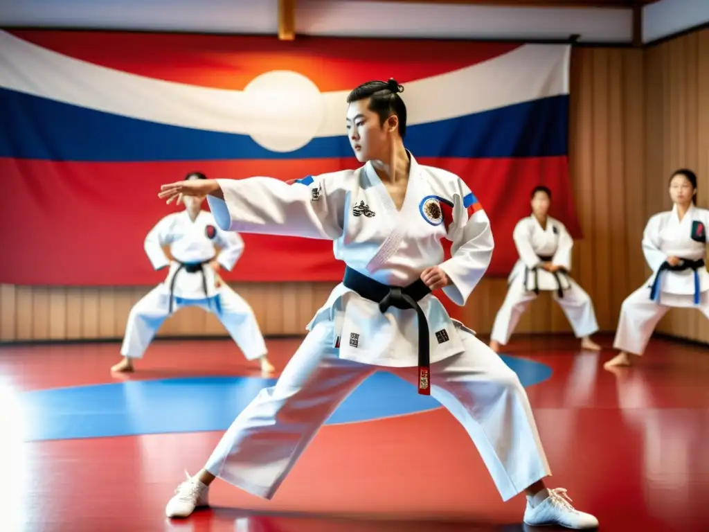 Un instructor de Taekwondo lidera una clase en el dojang, realizando una potente patada mientras los estudiantes siguen con precisión