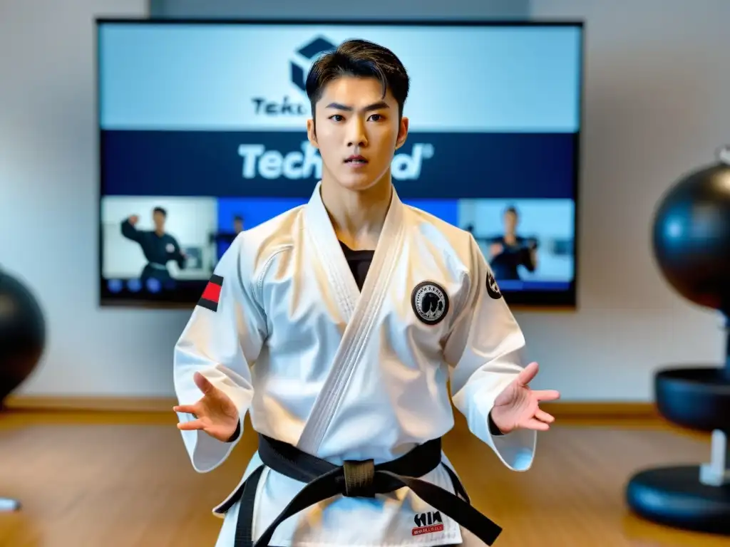 Un instructor de taekwondo lidera una clase virtual desde su estudio en casa, mostrando técnicas a estudiantes dedicados