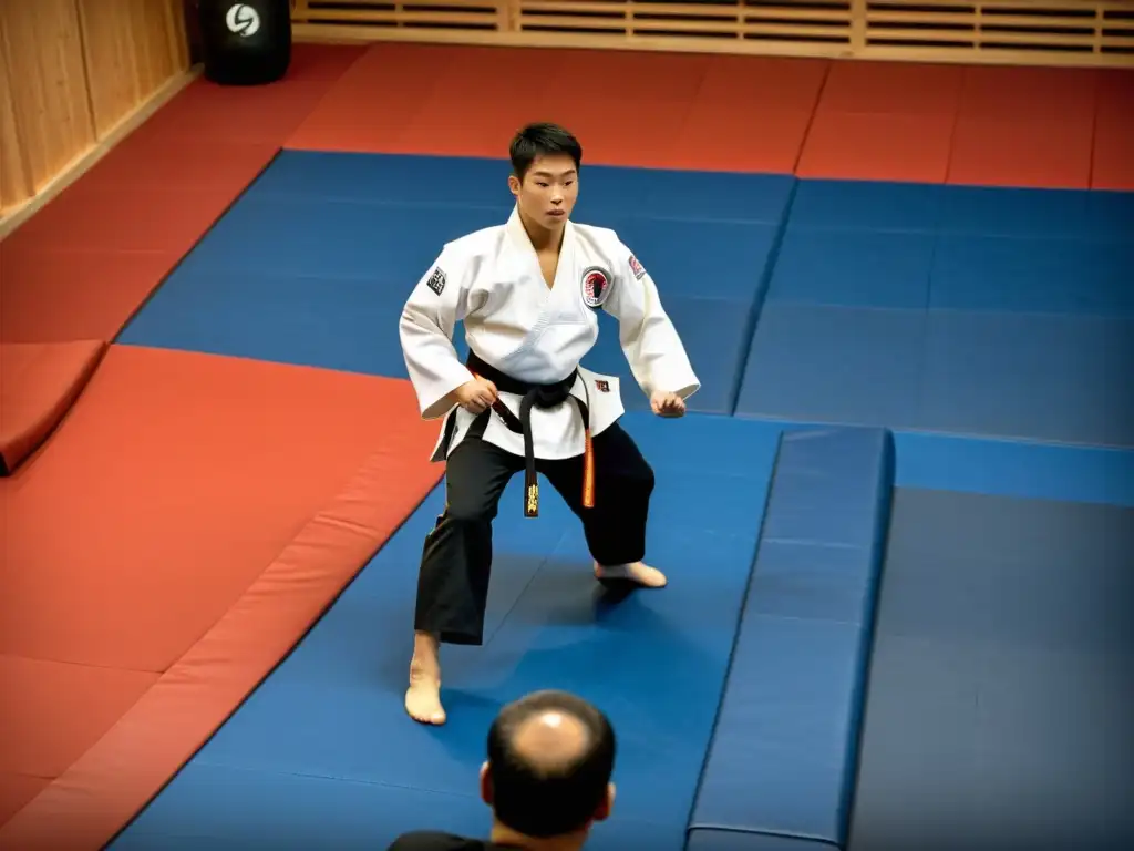 Maestro de Taekwondo dirige demostración de pumsae en dojang El instructor de taekwondo lidera una demostración de pumsaes en un dojang, mostrando disciplina y maestría