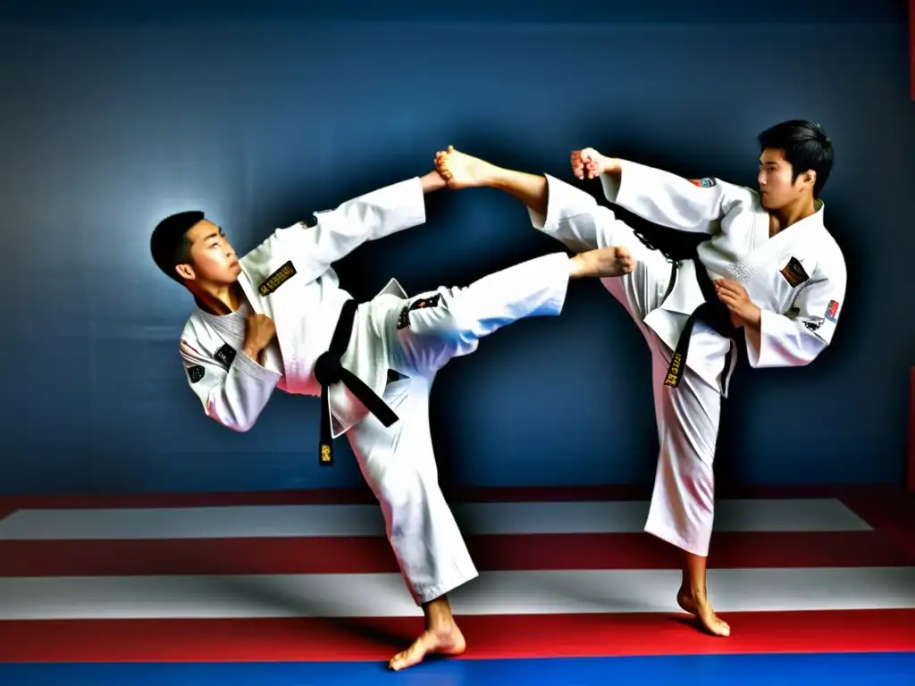 Un instructor de taekwondo muestra una patada perfectamente ejecutada, demostrando precisión y fuerza