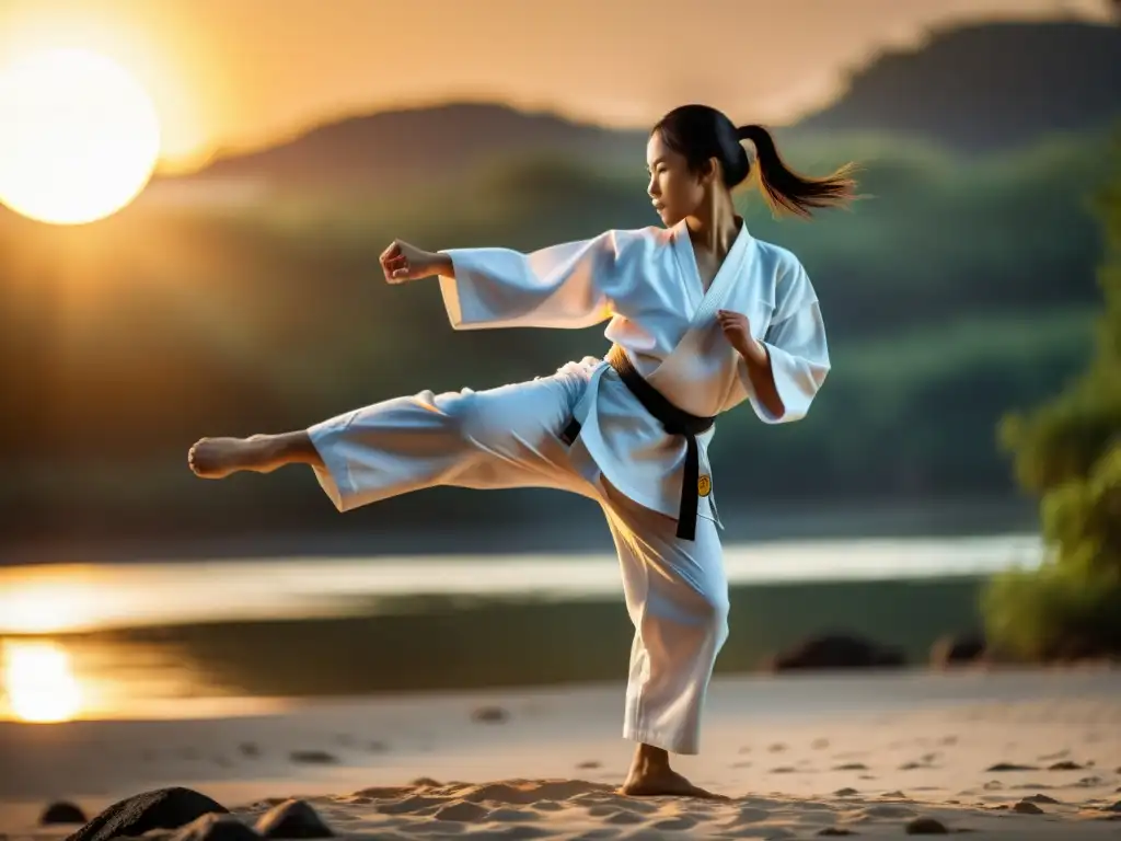 Un instructor de taekwondo muestra su potente patada al atardecer, reflejando fuerza, determinación y equilibrio